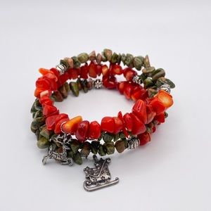Unakite and Red Coral Memory Wire Bracelet with Christmas Charms